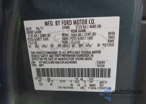 2012 Ford Escape Limited из США, поврежденный, VIN 1FMCU9EG6CKA04585